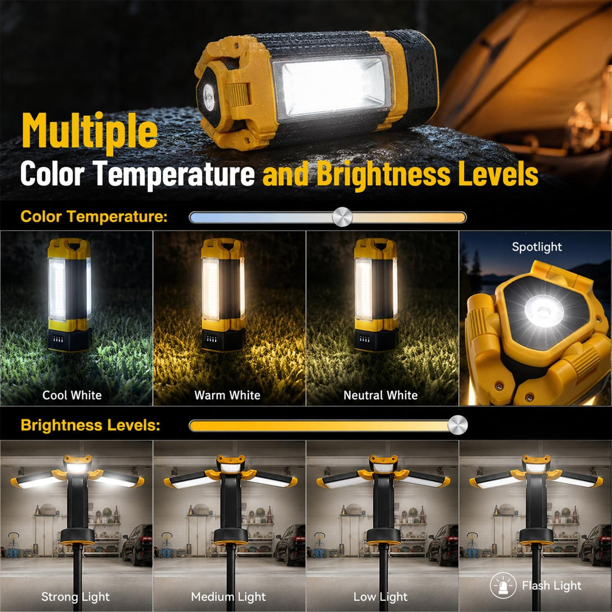 Rechargeable Camping Light with Stand 12000mAh Power Bank 73.2 Inch Yellow