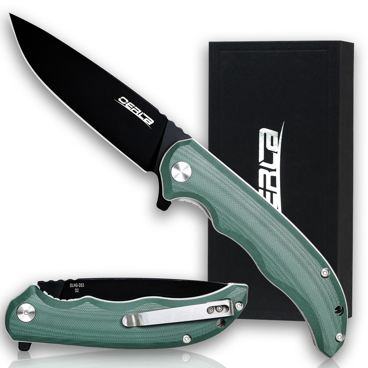 8.9 Inch Folding Pocket Knife with D2 High Carbon Steel Blade, Green Handle