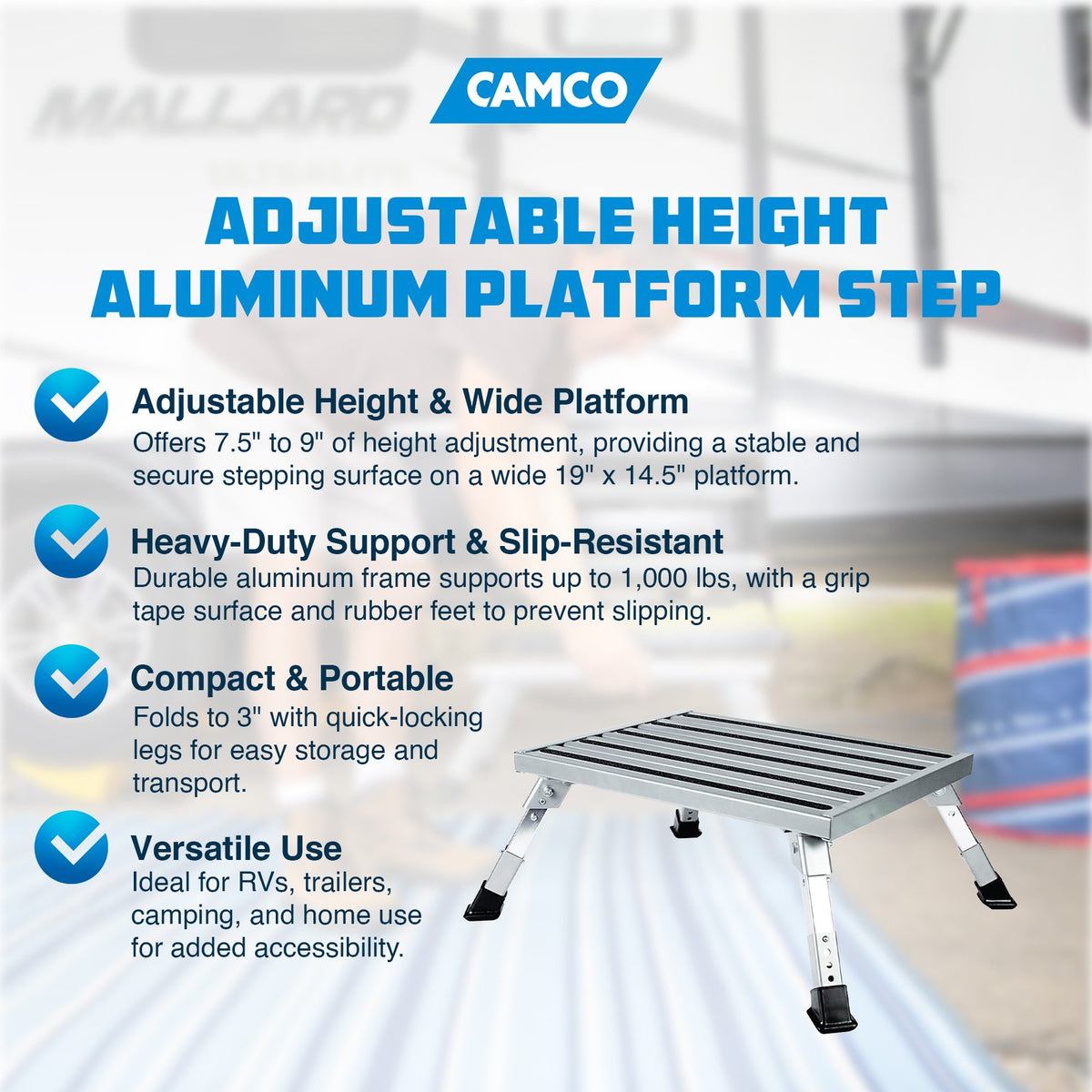 Adjustable Aluminum Step Stool for RV and Home Use - Foldable, Non-Slip