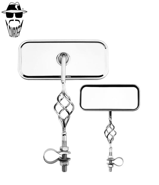 Pair of Chrome Bicycle Mirrors - Lowrider Rectangle Style with Twisted Cage Arms