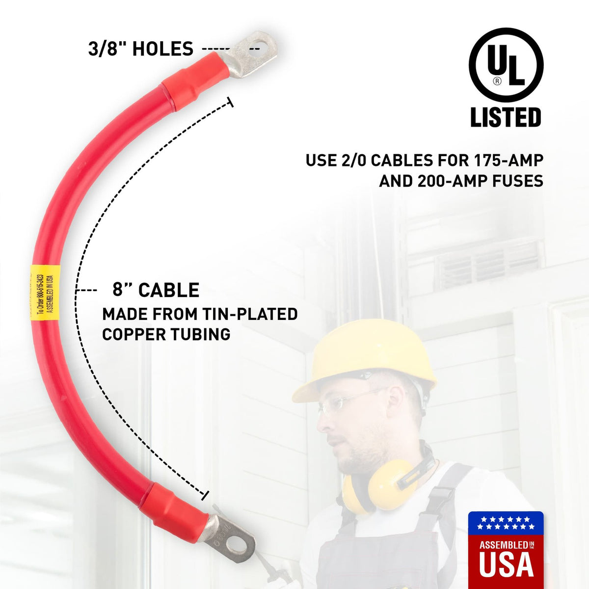 2/0 Red Battery Interconnect Cable 8 Inches with 3/8 Inch Lugs - USA Made