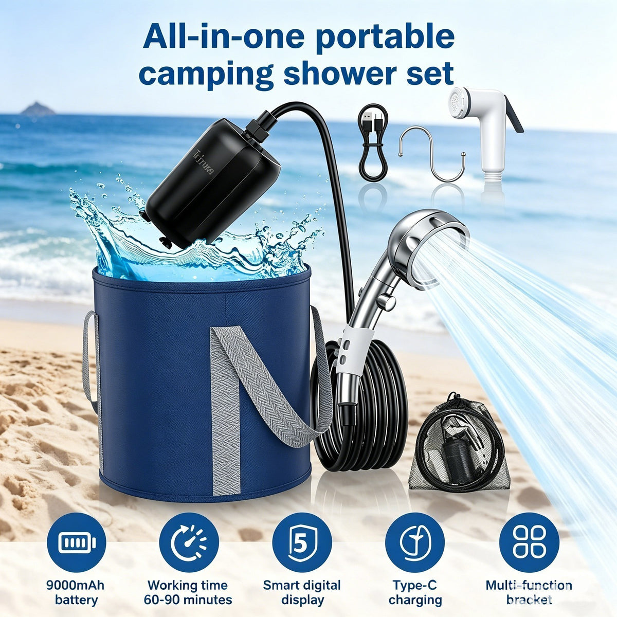 Portable Camping Shower Pump with Rechargeable 9000mAh Battery & Digital Display