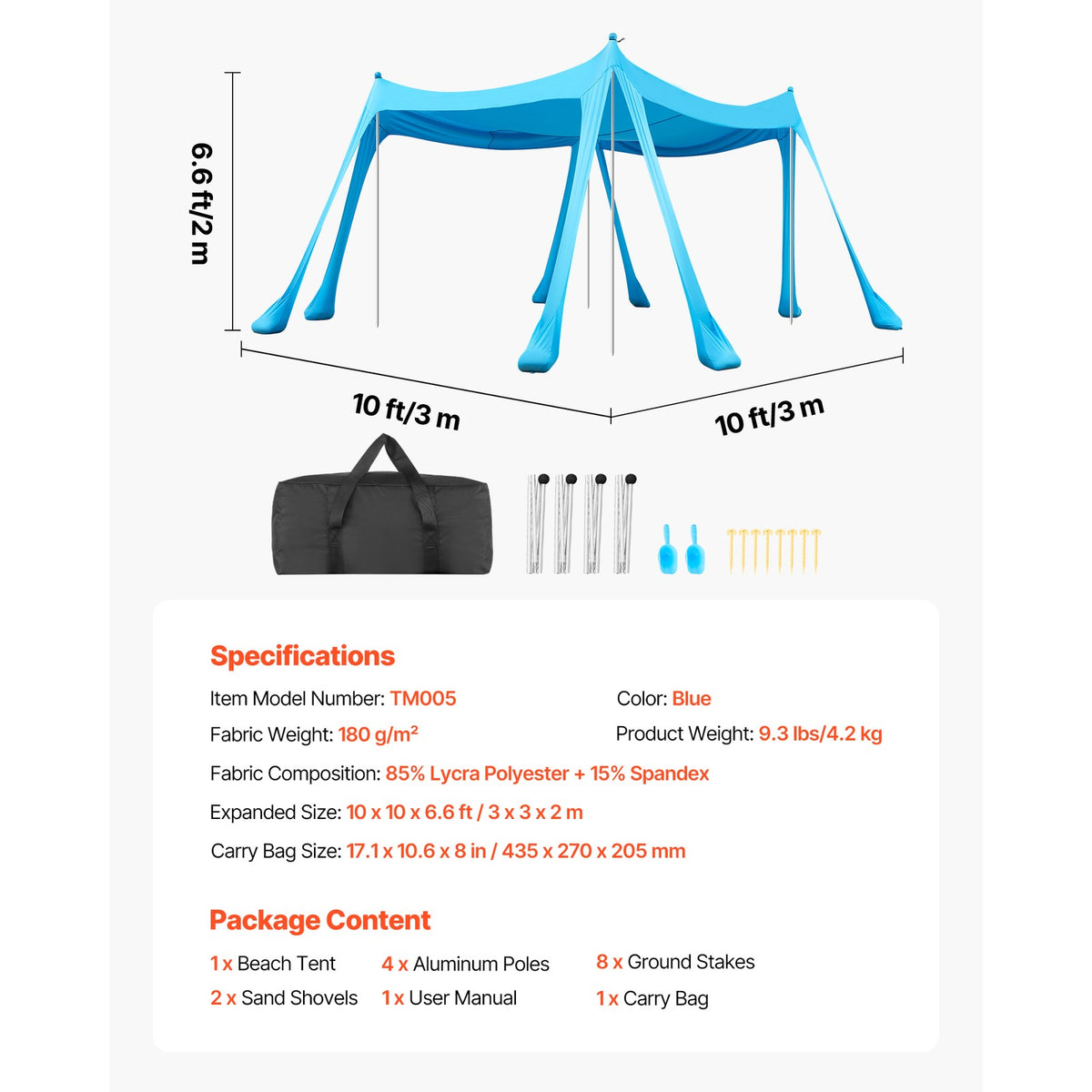 Portable 10x10 ft Sun Shade Canopy for Beach and Outdoor Use - UPF50+ Blue