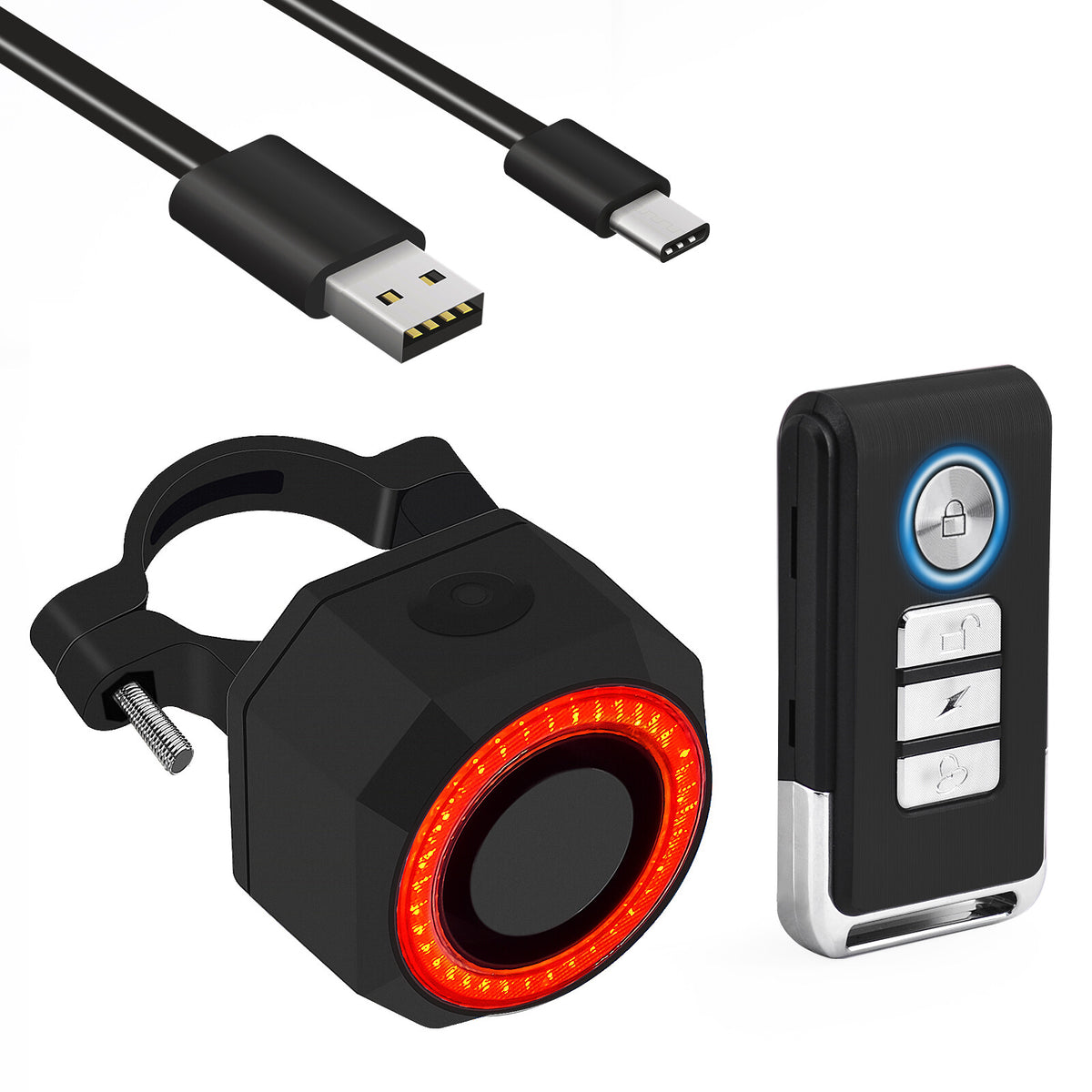 Wireless Waterproof Bike Alarm with Remote & Taillight USB Charging - 115dB