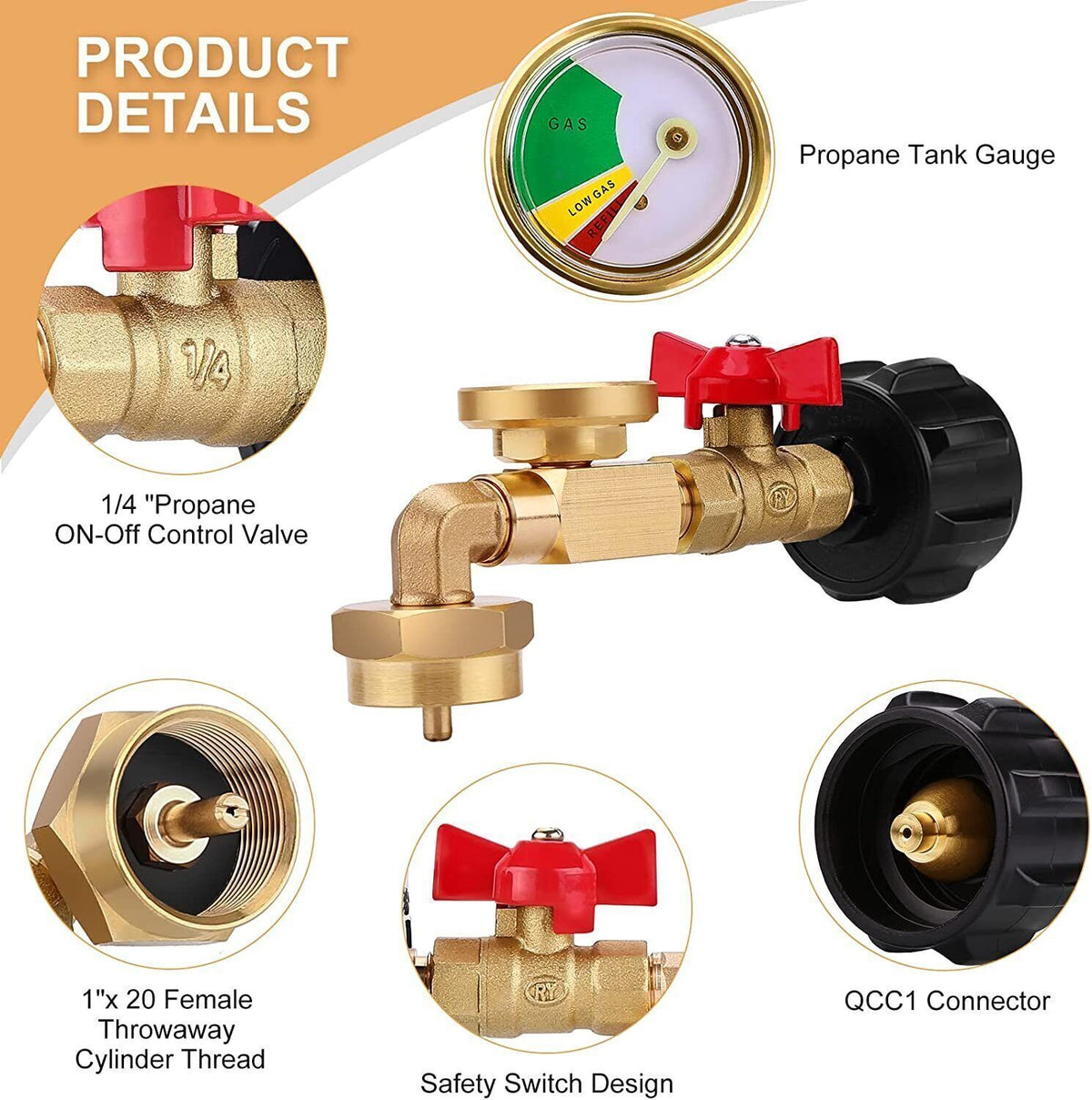 Propane Refill Adapter Kit with Gauge and ON-Off Valve for 1Lb to 20Lb Tanks