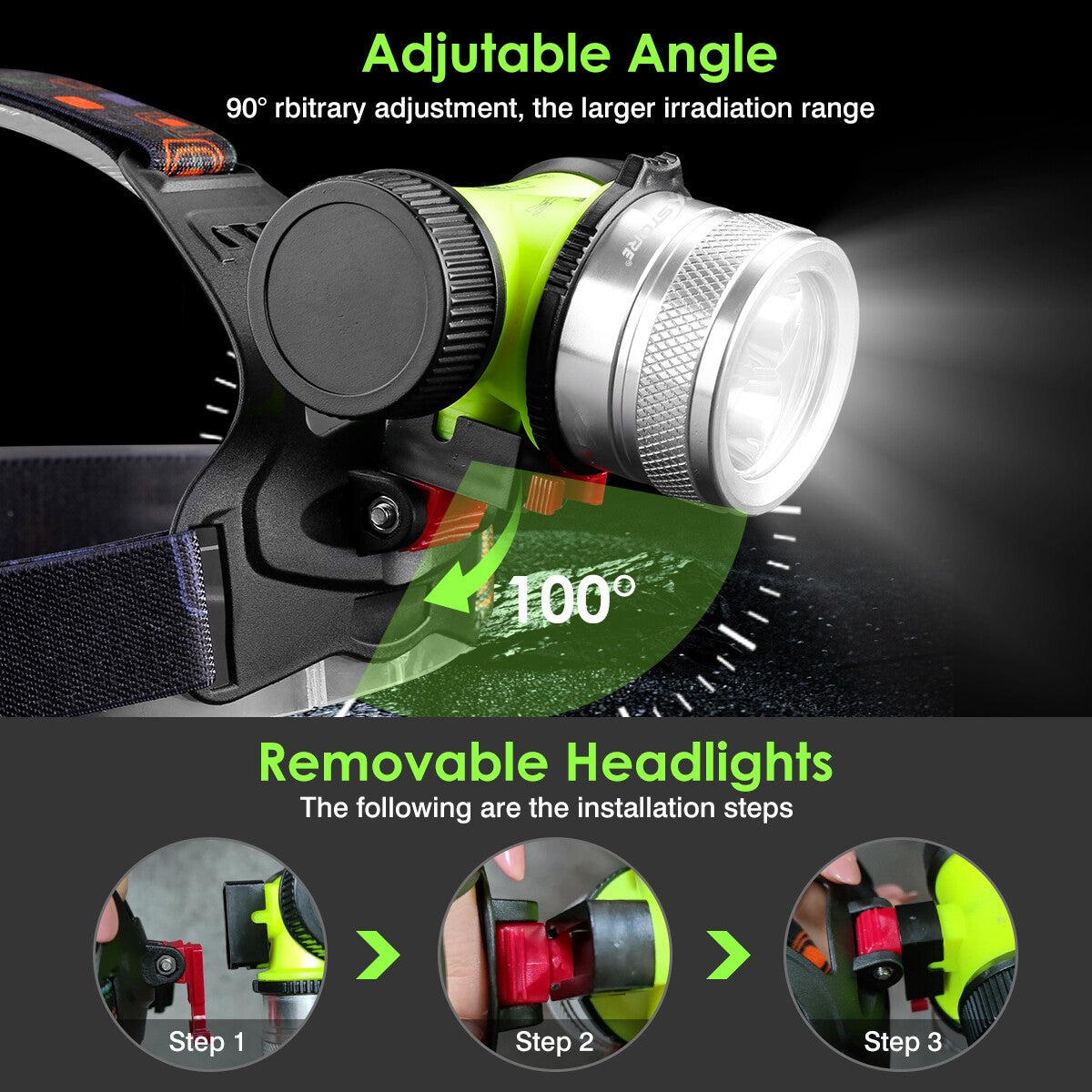 Waterproof LED Headlamp for Diving - Underwater Torch 262ft Depth, Adjustable & Detachable Design