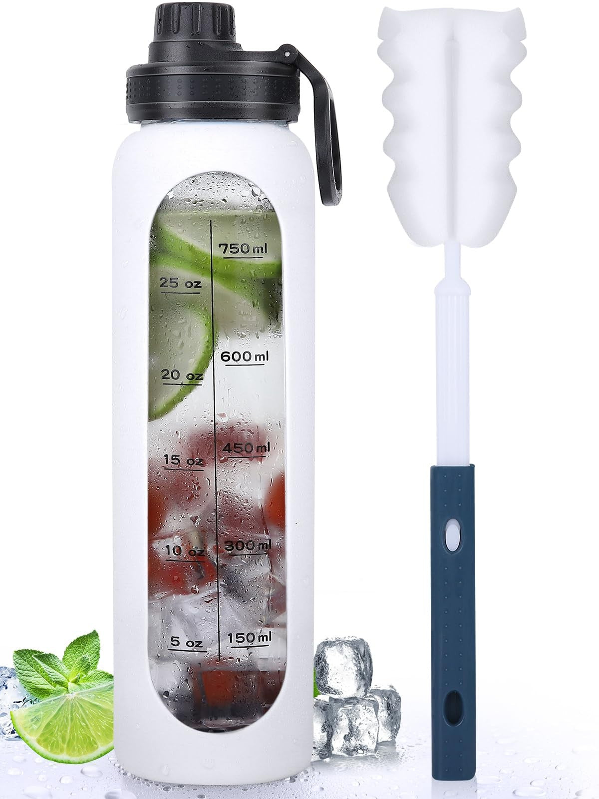 32oz Glass Water Bottle with Silicone Sleeve & Time Marker