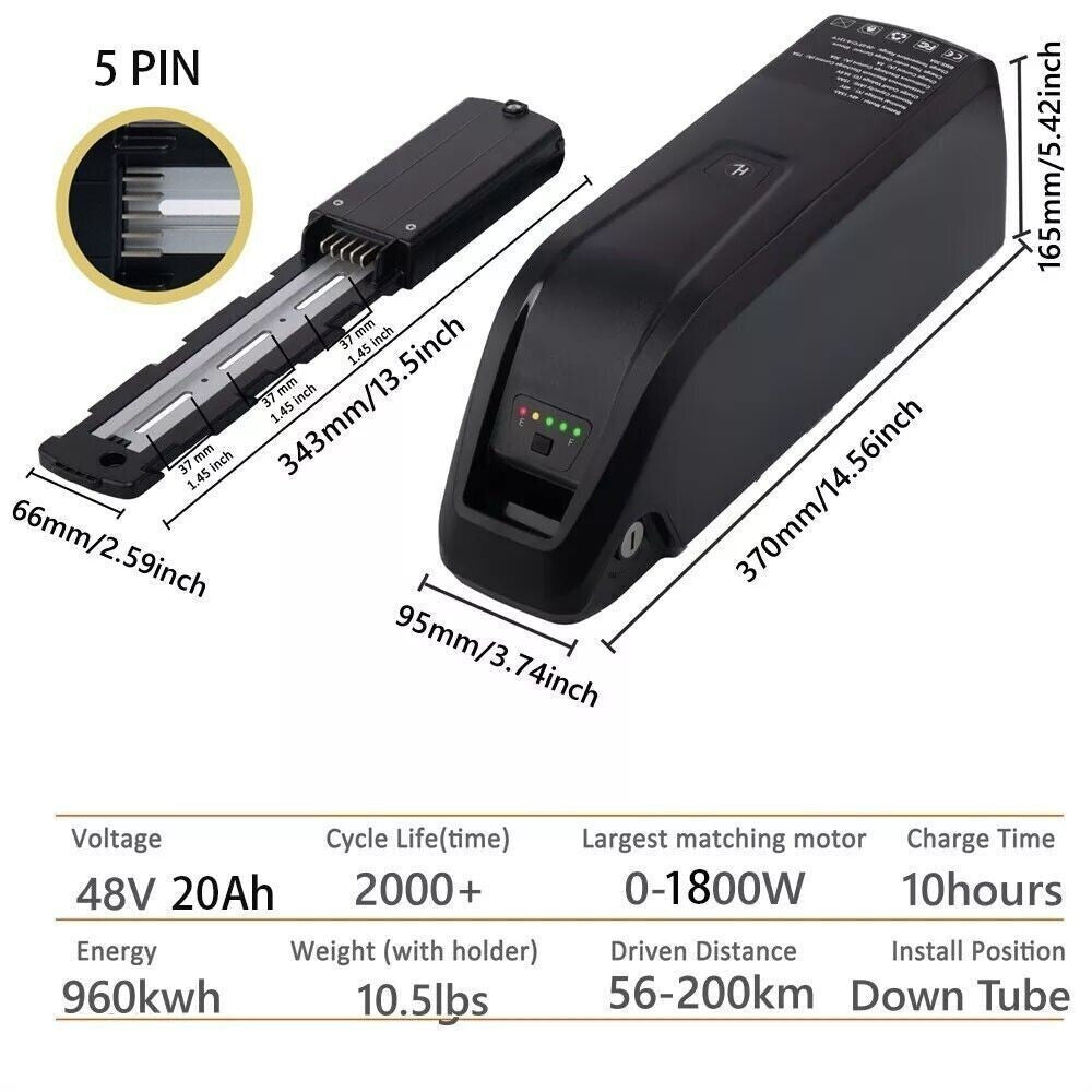 Electric Bike Battery 36V 48V 52V Li-ion 4 or 5 Prong for 0-2000W E-Bikes