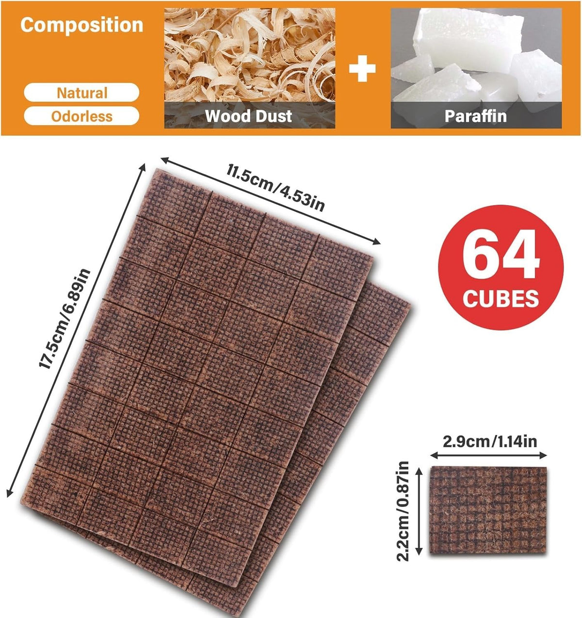 Fire Starter Squares 64 Pack - Odorless, Waterproof Camping & Fireplace Igniters