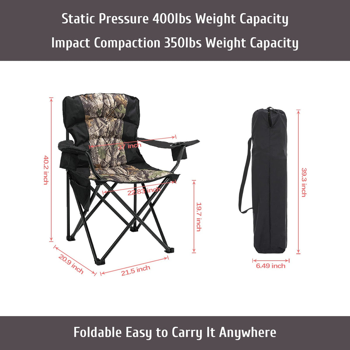 Oversized Folding Camping Chair 400 lb Capacity with Armrests & Cup Holder