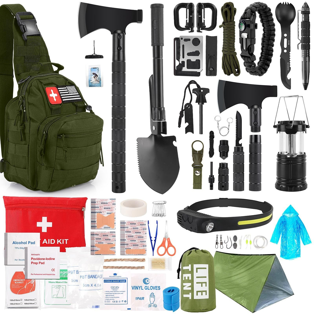 Emergency Survival Kit 268 Pcs with First Aid, Camping Axe, Headlamp & Tactical Gear