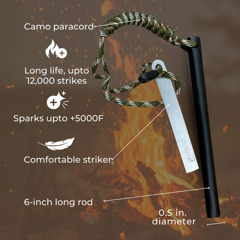 Heavy-Duty Ferro Rod Fire Starter Kit with Tinder Rope for Camping