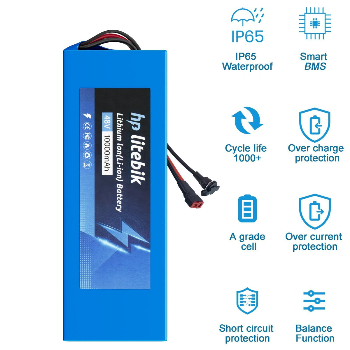 48V Lithium E-Bike Battery with 30A BMS for Electric Bicycle Scooter 1500W