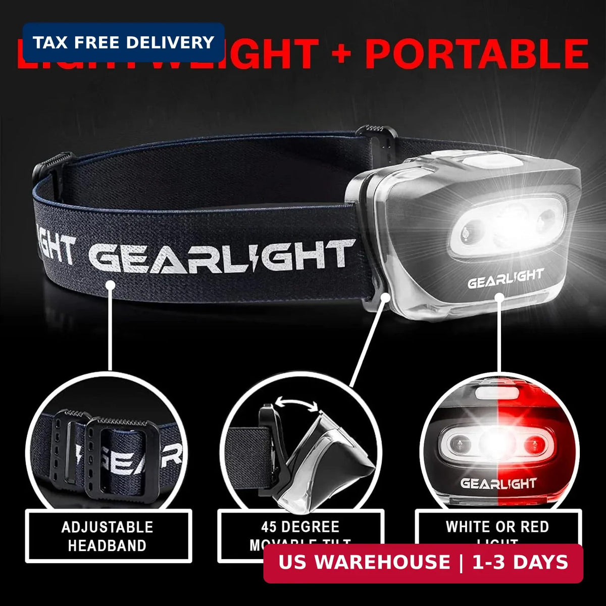 LED Headlamp 2-Pack Battery Powered with Red Light, Adjustable Tilt, Waterproof