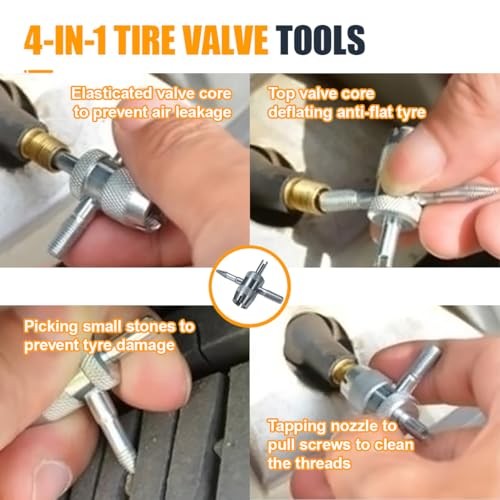 Car Tire Valve Core Removal & Replacement Kit with 5 Valves & 4-Way Tool
