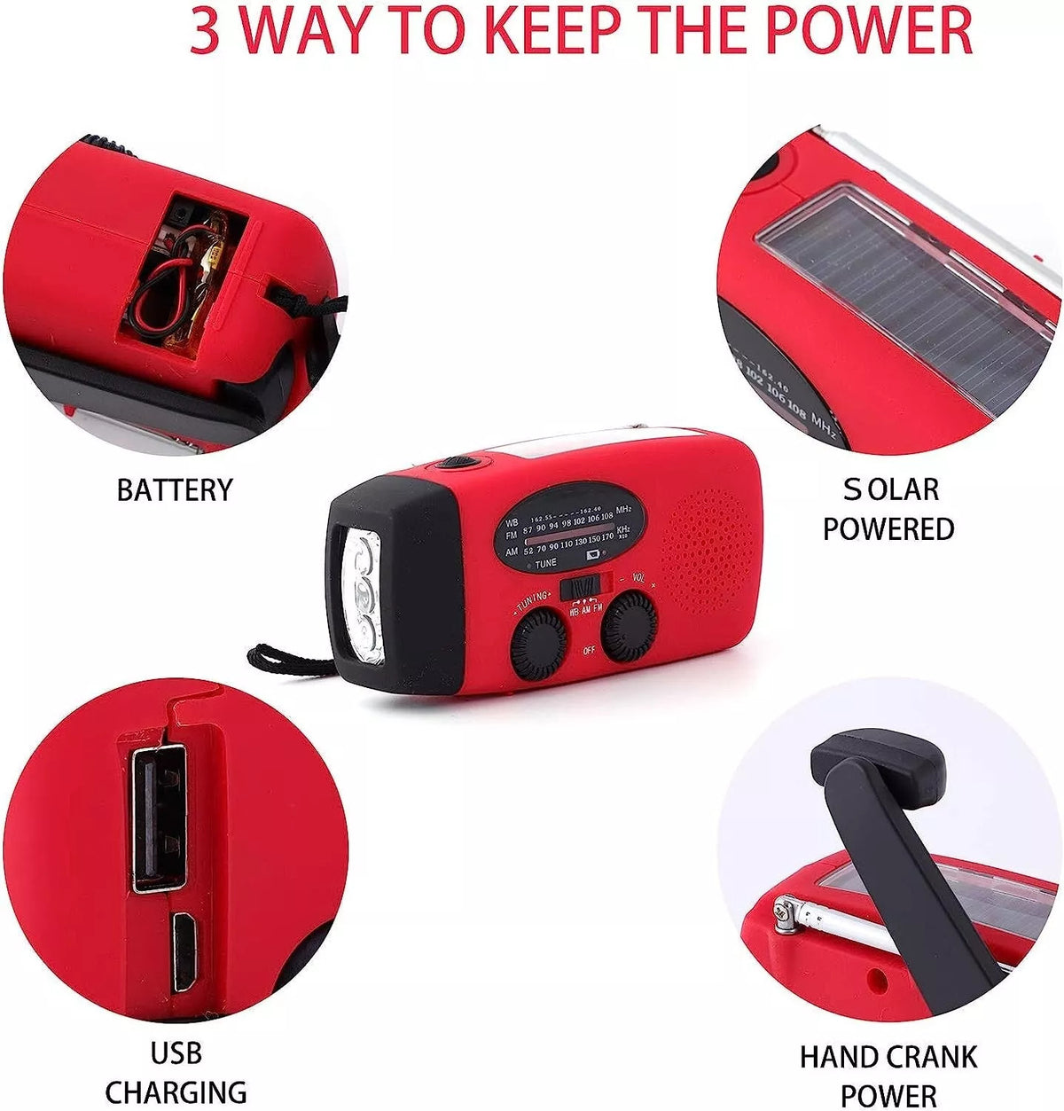 Emergency Weather Radio with Solar Crank Power Bank & LED Flashlight