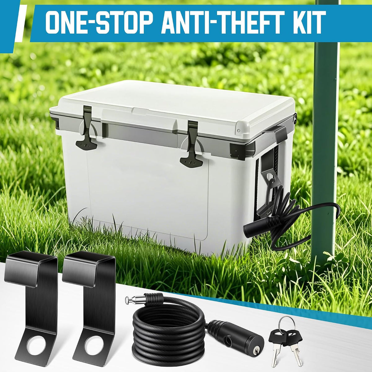 Heavy Duty Cooler Lock Bracket with Security Cable for Ice Chests and Thermal Boxes