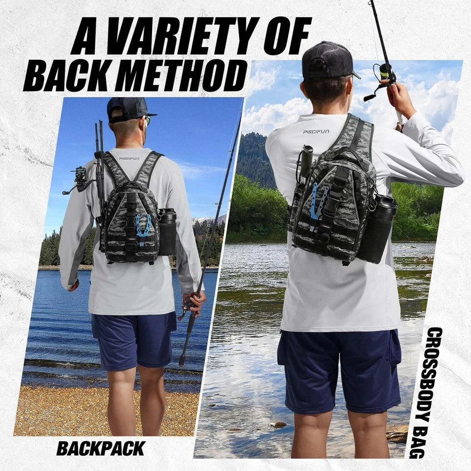 Fishing Backpack with Rod Holder - Lightweight Tackle Sling Bag Water-Resistant