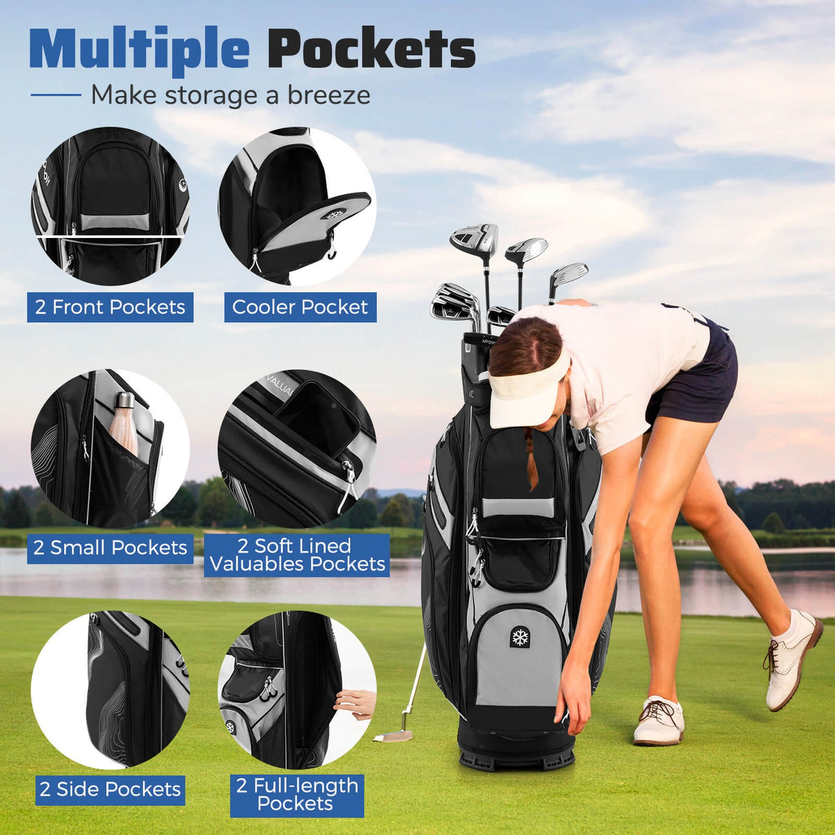 Golf Cart Bag with 14-Way Full Length Dividers and 11 Pockets - Lightweight, Waterproof