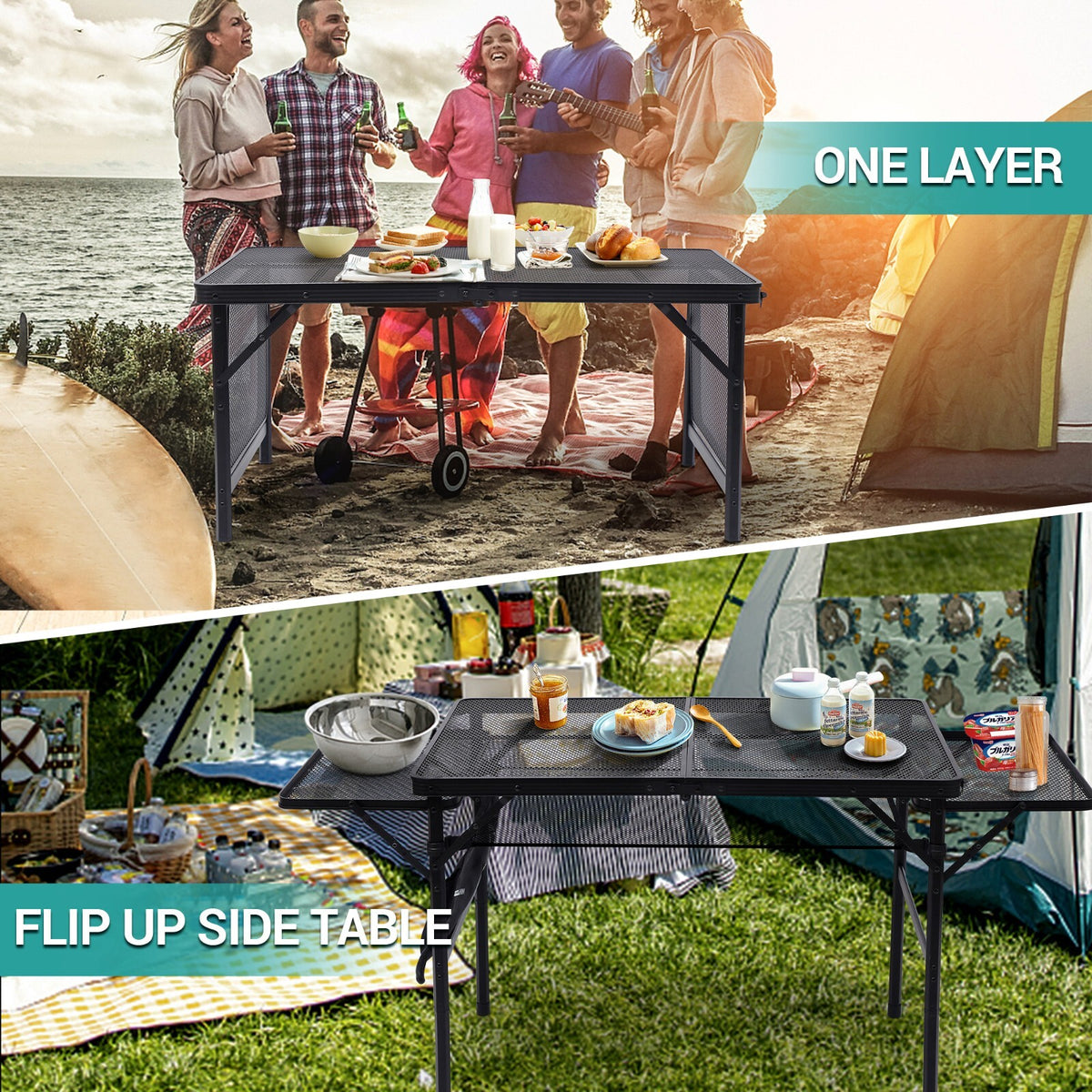 Foldable Camping & Outdoor Grill Table with Adjustable Height & Side Pockets