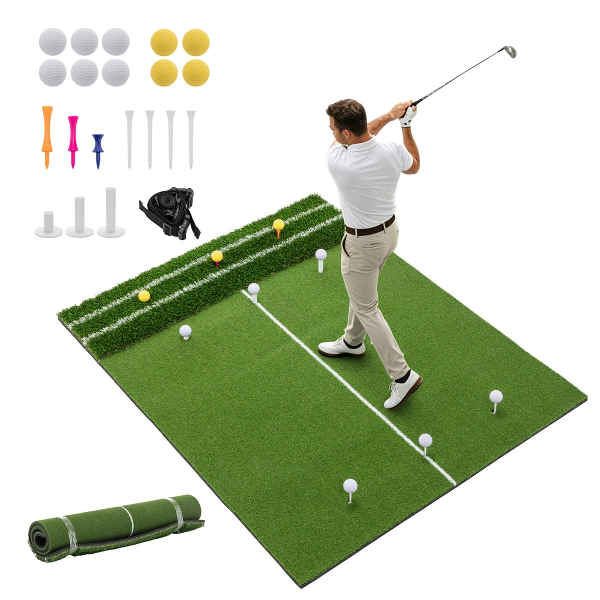 Golf Hitting Mat 5x4 Ft with Alignment Lines, Balls, Tees & Strap - Practice Turf
