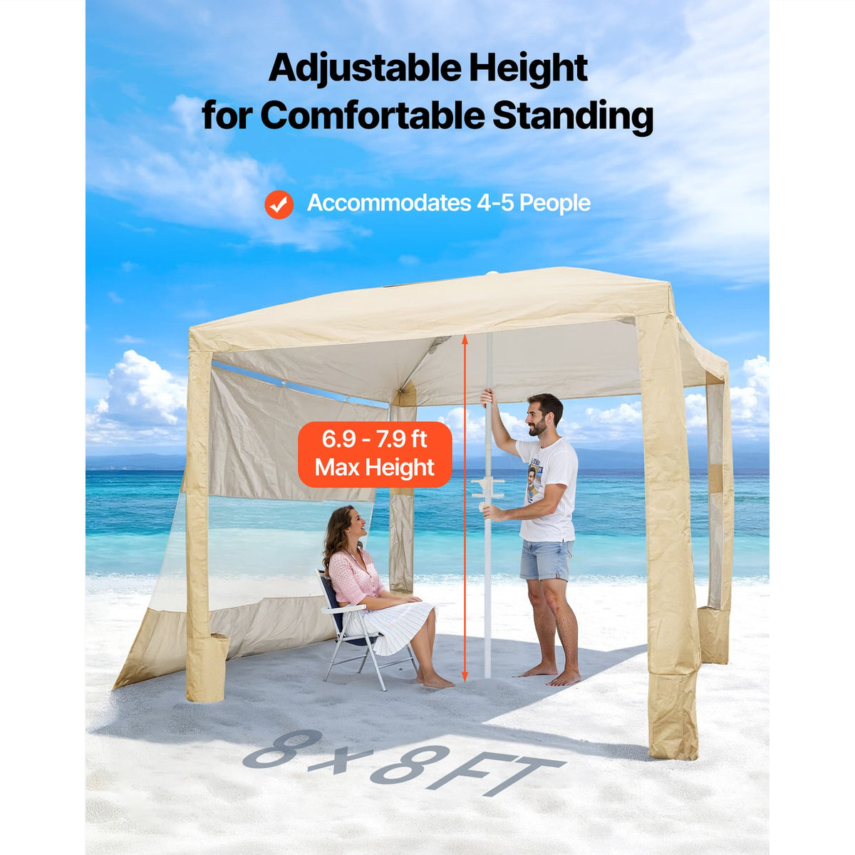 8x8 ft Beach Cabana Canopy with Side Wall and Carry Bag - UPF 50+ Sun Shelter