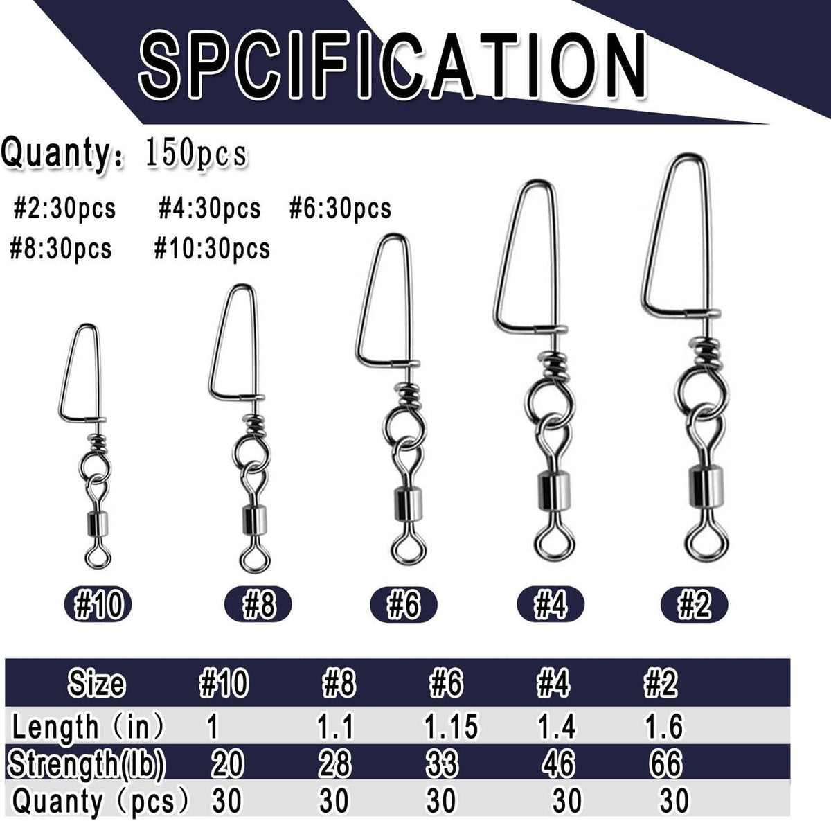 150pcs Saltwater & Freshwater Fishing Swivels with Stainless Steel Coastlock Snap Set