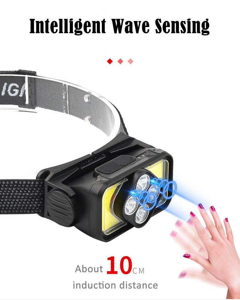 Rechargeable COB LED Headlamp Headlight with Sensor Waterproof Torch