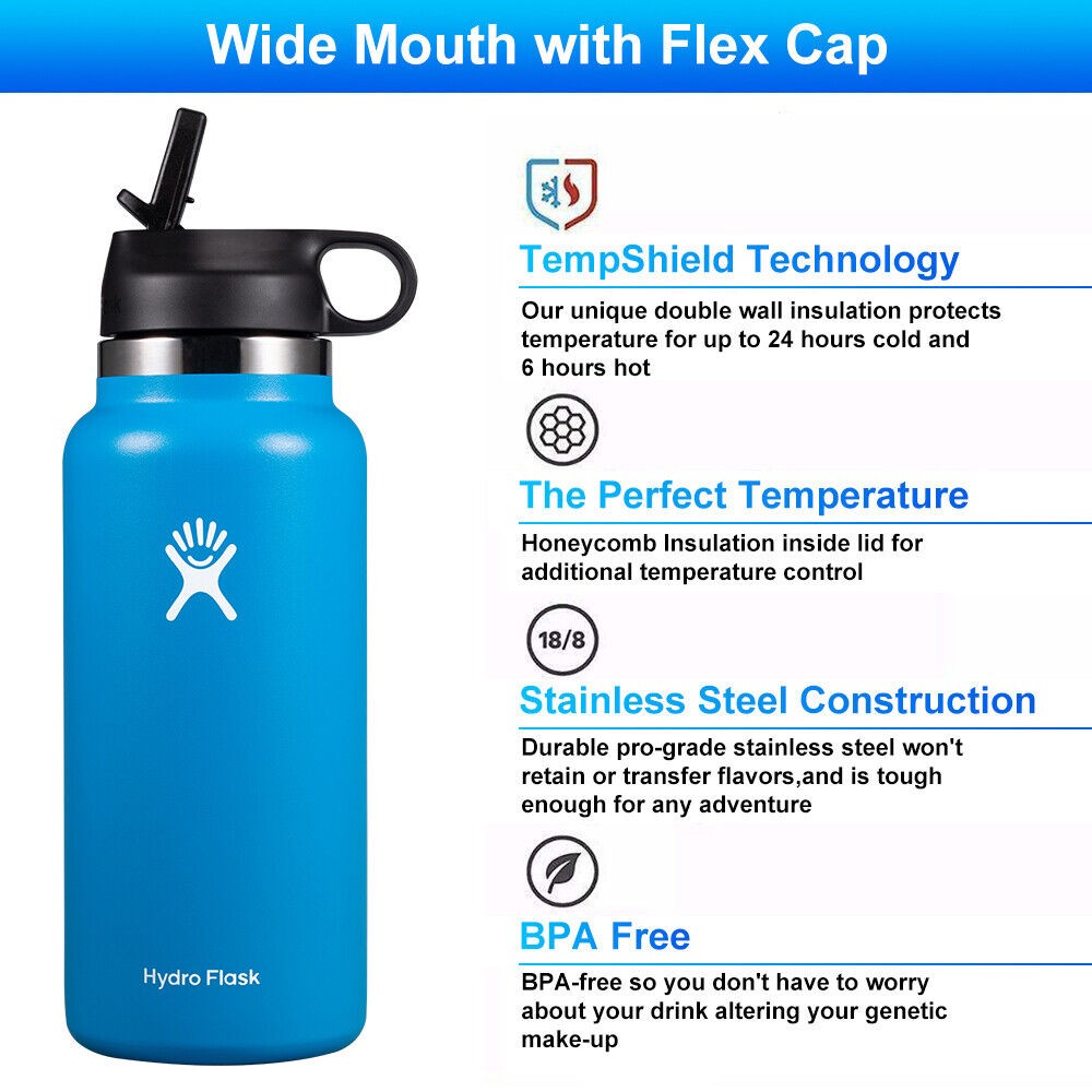 Insulated 32oz Wide Mouth Water Bottle with Straw Lid - Stainless Steel