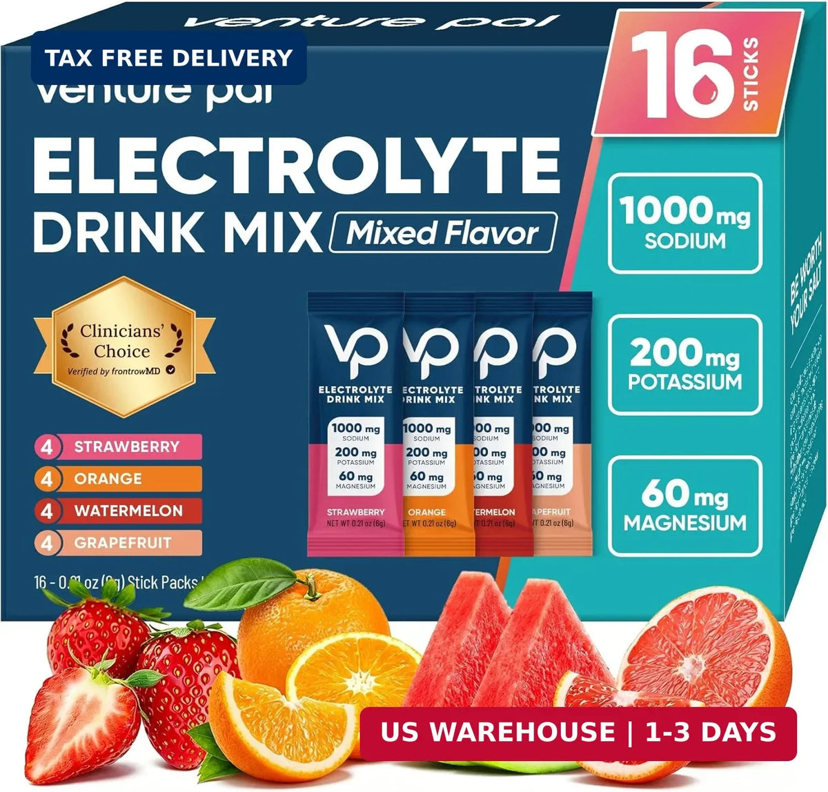 High Sodium Sugar-Free Electrolyte Powder Packets for Hydration - 16 Sticks