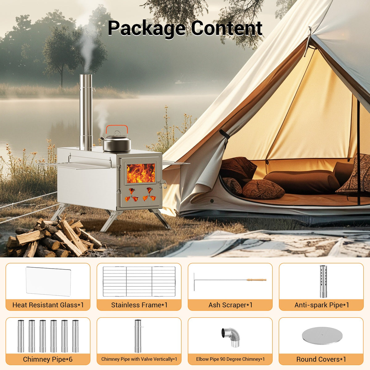 Portable Stainless Steel Tent Stove for Camping, Wood Burning & Heating