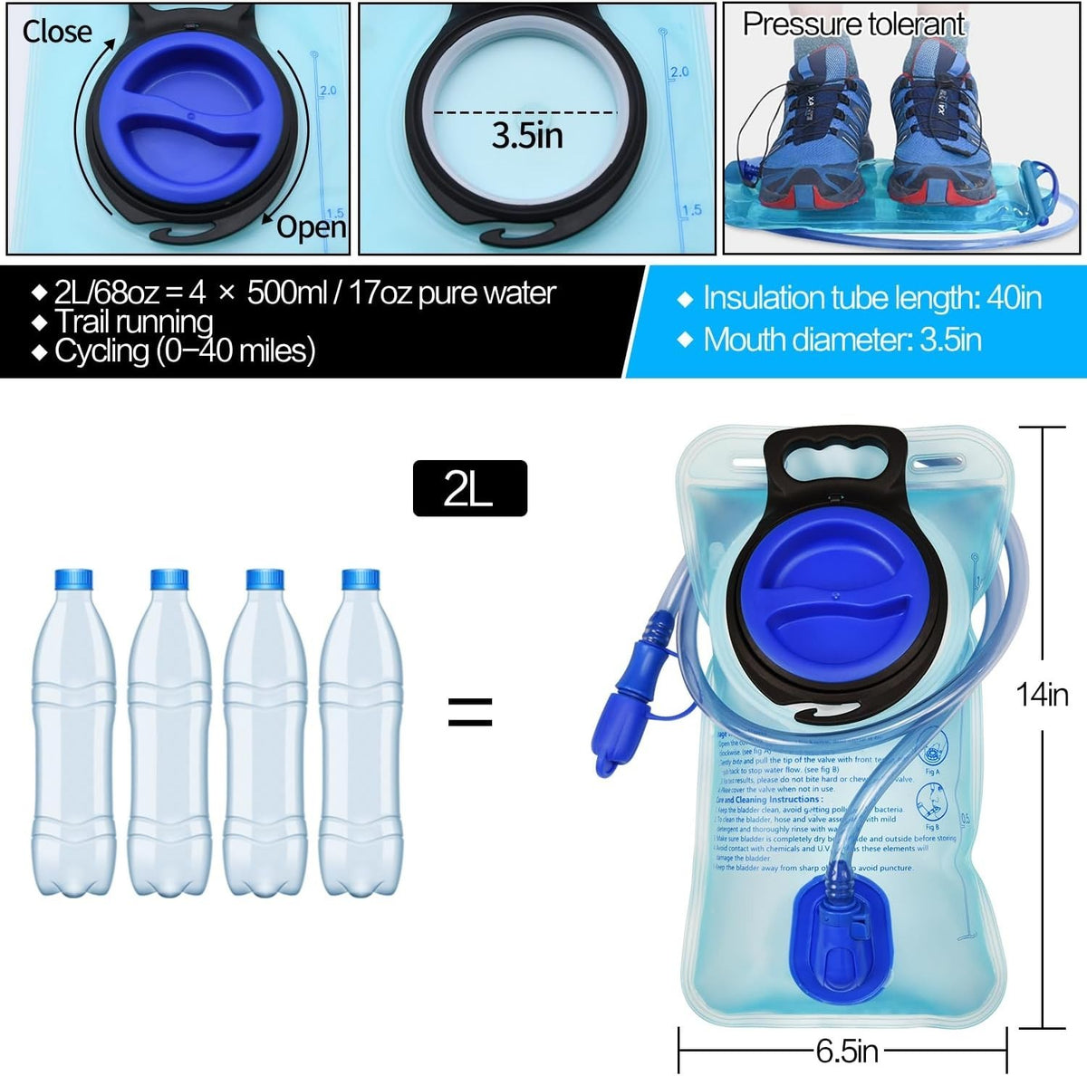 2L Hydration Bladder Water Pack Reservoir for Hiking Running Camping