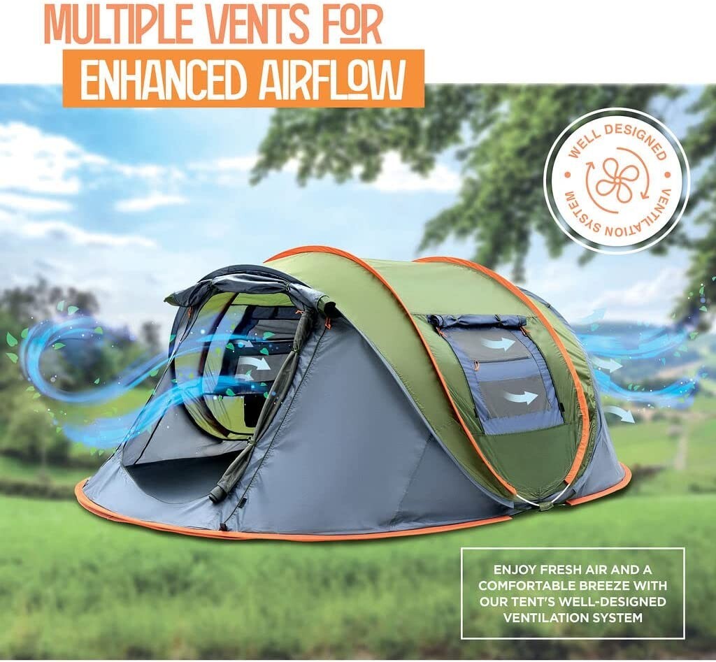 4-Person Pop-Up Camping Tent Waterproof UPF50+ Easy Setup with 2 Doors