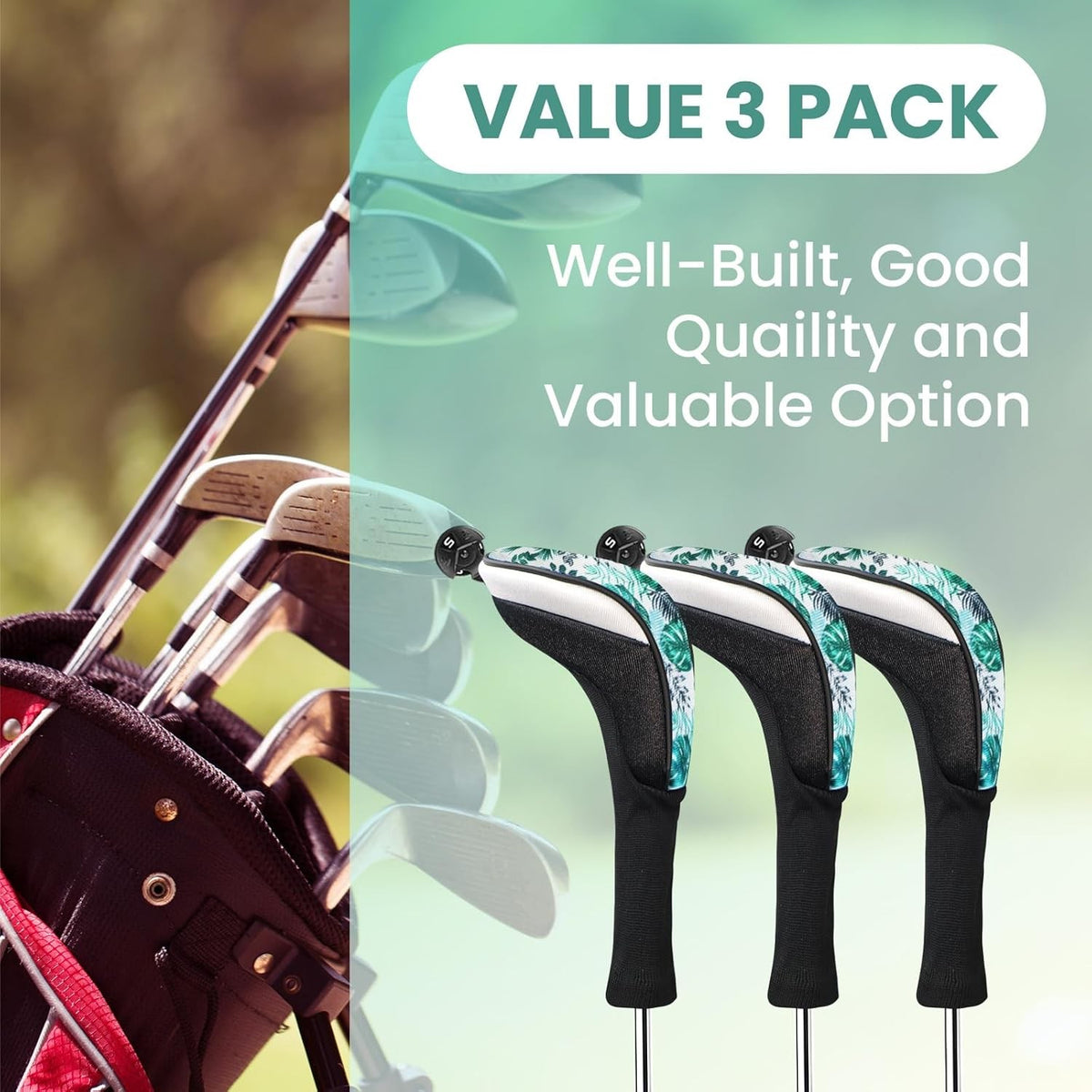 Golf Club Head Covers Set Woods Hybrids 3 Pack with Interchangeable Number Tags
