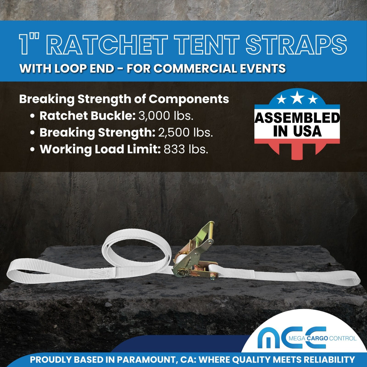 Heavy Duty 1-Inch x 20 Feet Ratchet Tent Strap with Loop End for Tie Downs