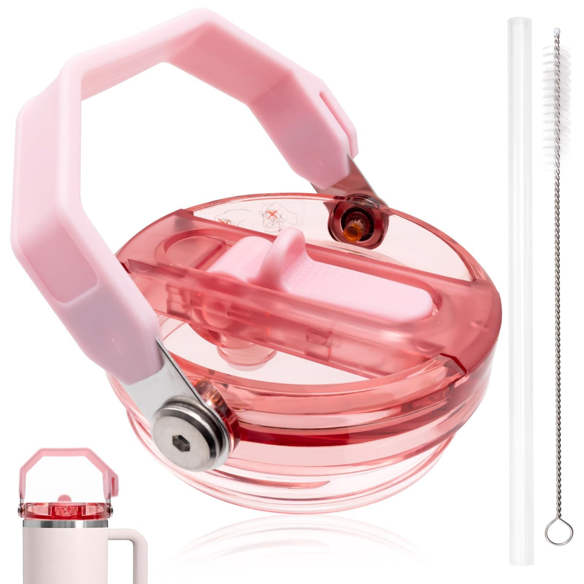 Leakproof Flip Straw Lid with Handle for 40oz Stanley Quencher Pink