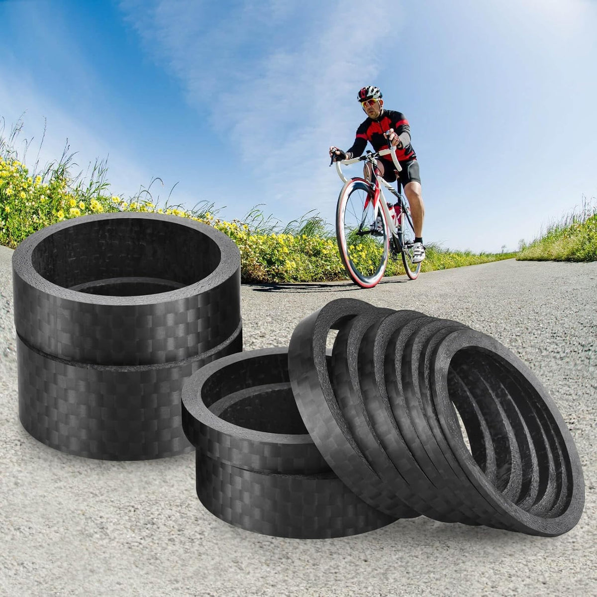 Bike Carbon Fiber Headset Spacers Set - 6 Sizes for 1-1/8 Inch Stems, Matte Black