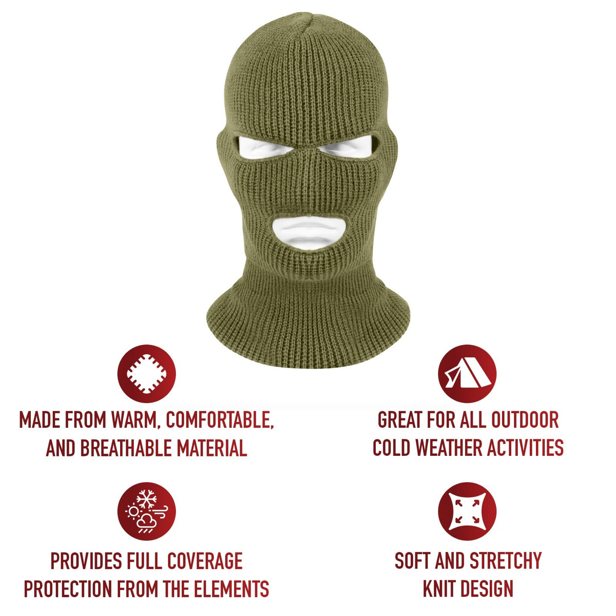 3 Hole Acrylic Ski Mask Face Mask & Winter Balaclava Hood - Made in USA