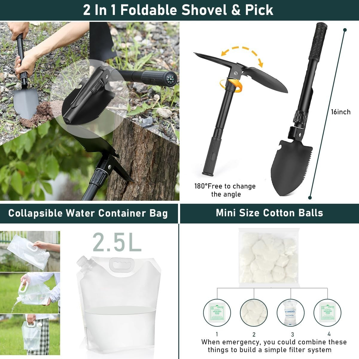 Emergency Survival Kit with First Aid Tent Axe Shovel and Bag - 262 Pieces