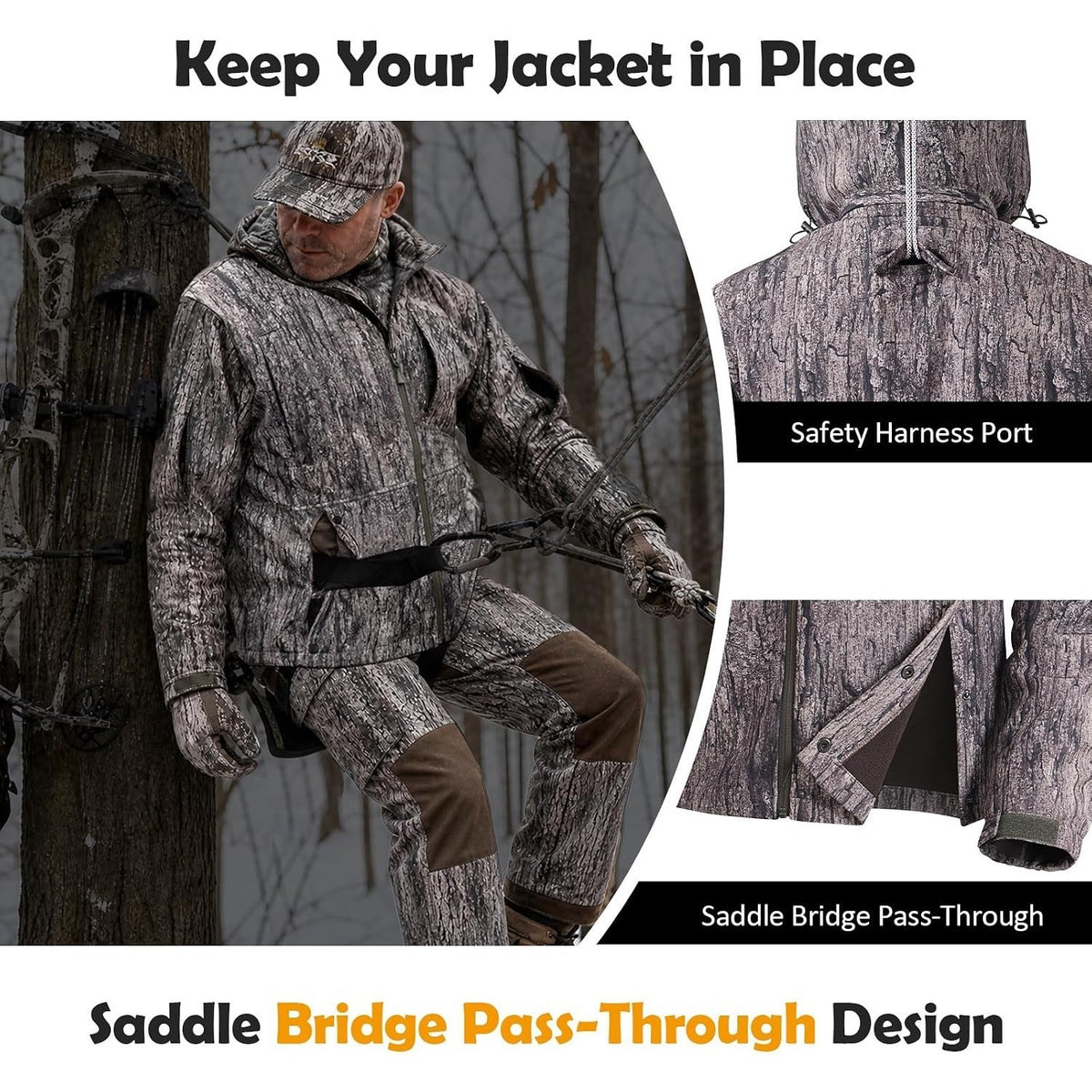 Men's Camo Saddle Hunting Clothes Fleece Suit with Removable Knee Pads
