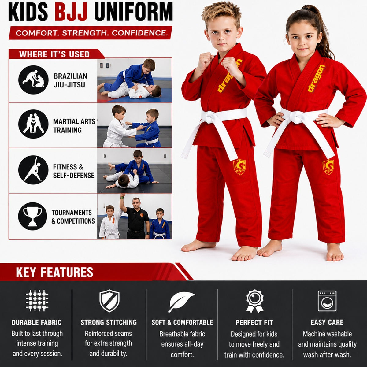 Kids Brazilian Jiu-Jitsu Gi Uniform Set with Belt & Bag - Red