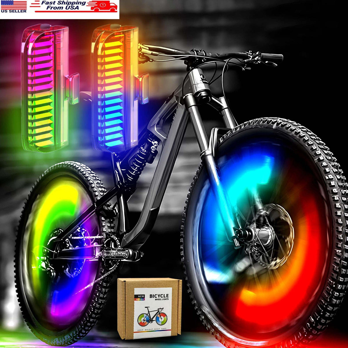 Rechargeable Bike Wheel Lights 2-Pack - 7-Color Spoke Lights with Motion Sensor Weatherproof