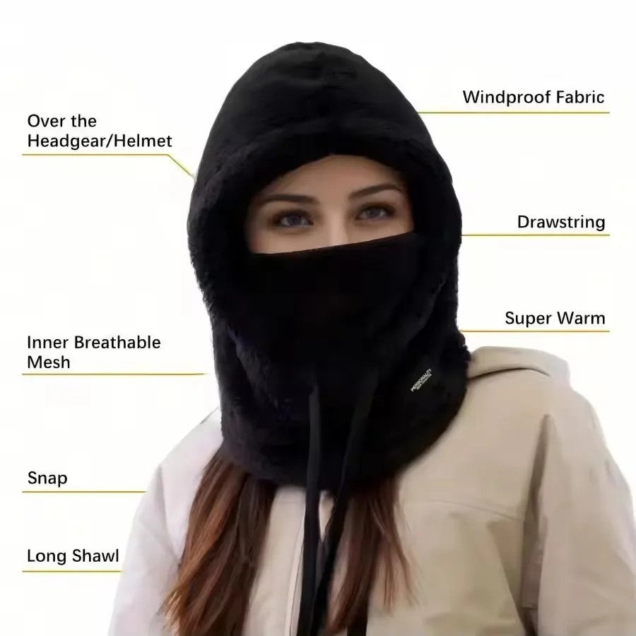 Winter Warm Balaclava Ski Hood with Faux Fur Face Cover - Windproof & Water-Resistant