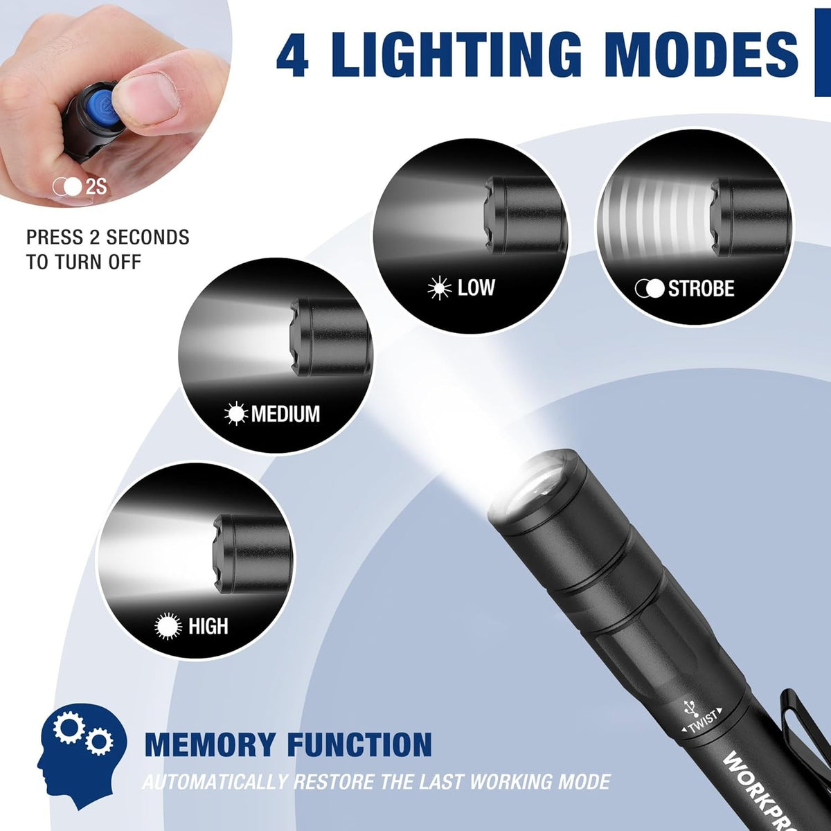 Mini Rechargeable LED Pen Light Flashlight 2 Pack with USB-C Cables