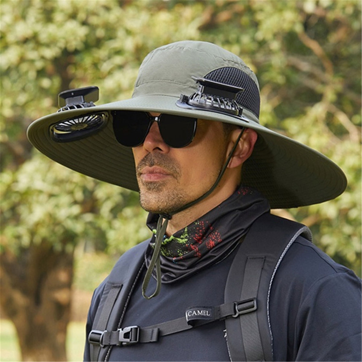 Unisex Outdoor Wide Brim Sun Hat with Solar Fan UV Protection for Hiking Camping