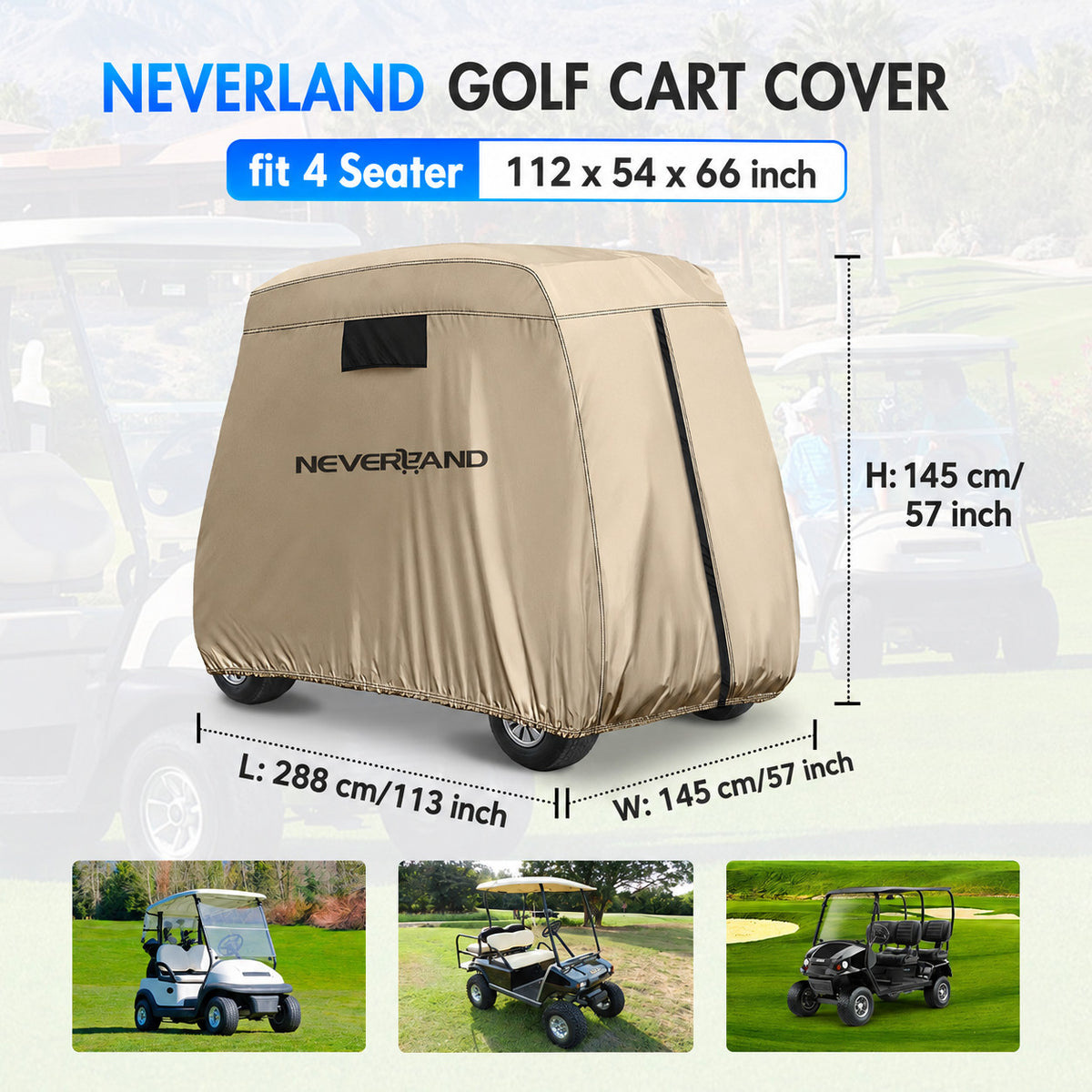 Waterproof 4-Passenger Golf Cart Cover with Zipper for EZ GO Yamaha Club Car