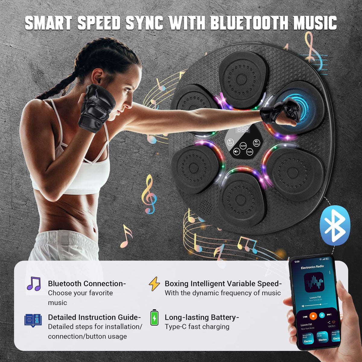 Music Boxing Machine for Adults & Kids - 9 Modes, 6 Speeds, LED Display