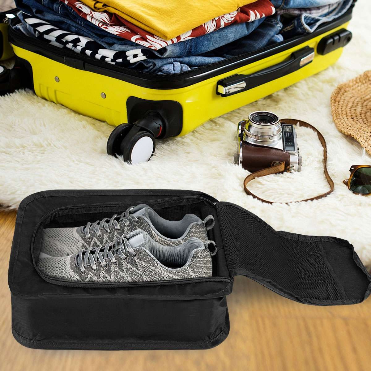 Travel Waterproof Shoe Storage Bag with Mesh Pocket and Zipper Closure