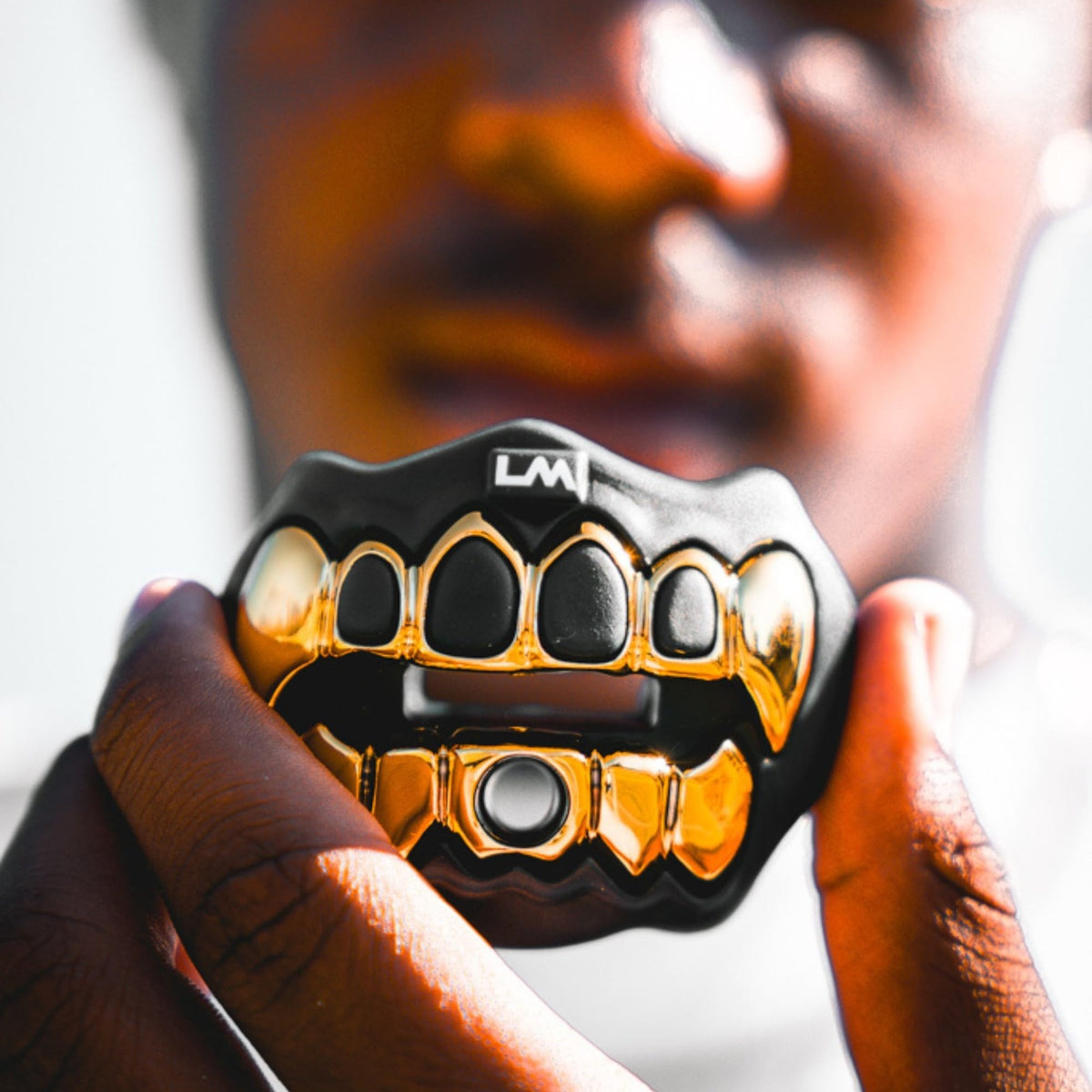 3D Chrome Grillz Football Mouth Guard - Black & Gold Sports Mouthpiece