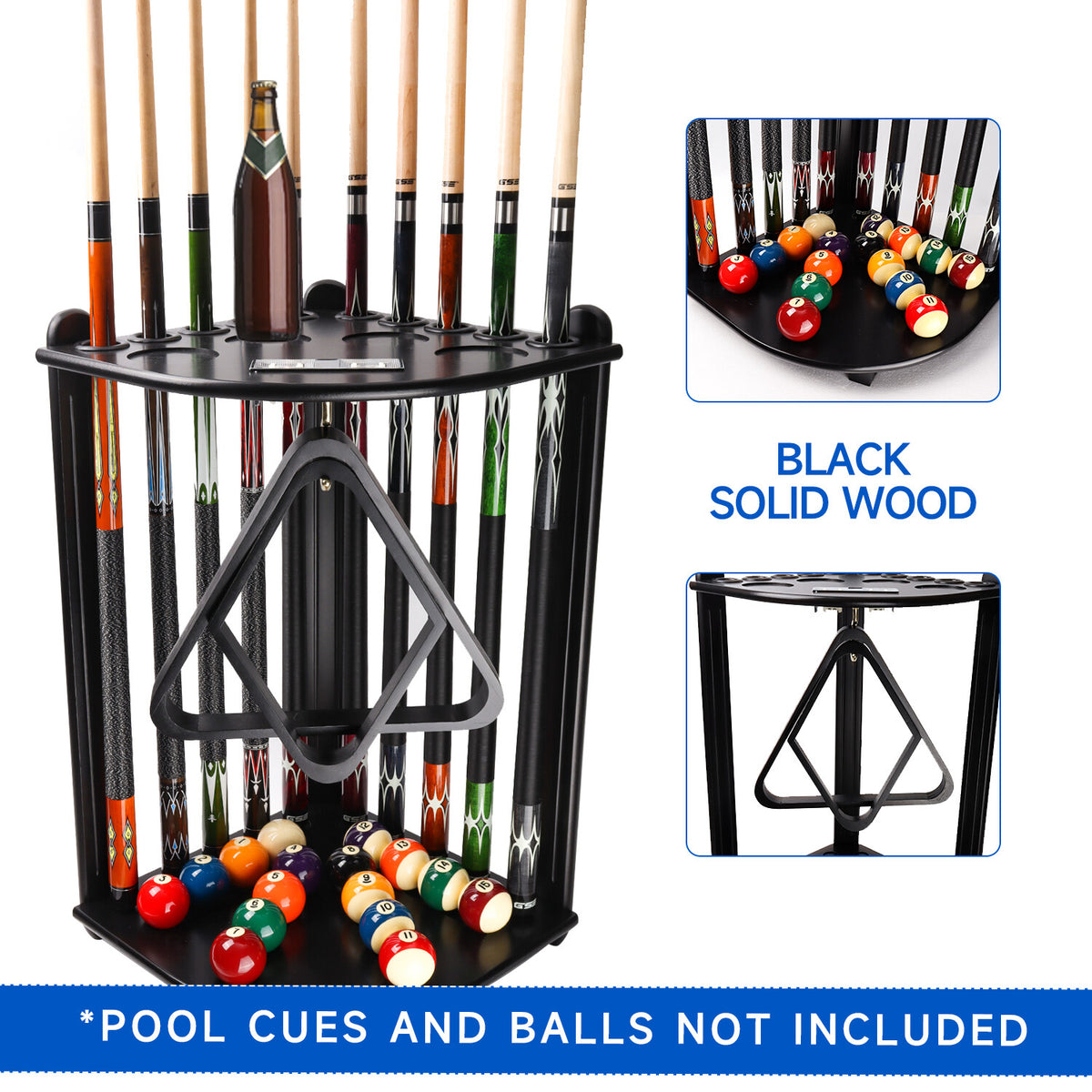 10-Cue Corner Floor Pool Cue Rack, Solid Wood Stand with Score Counters